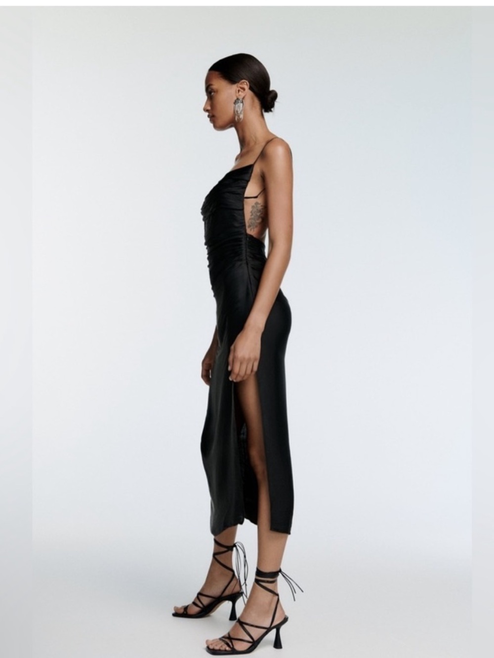 Zara Black Ruched Spaghetti-Strap Midi Dress